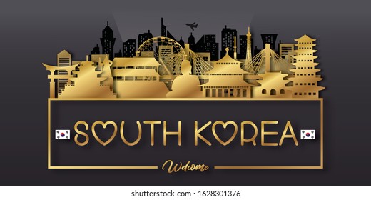 South Korea Travel postcard, poster, tour advertising of world famous landmarks in paper cut style. Vectors illustrations