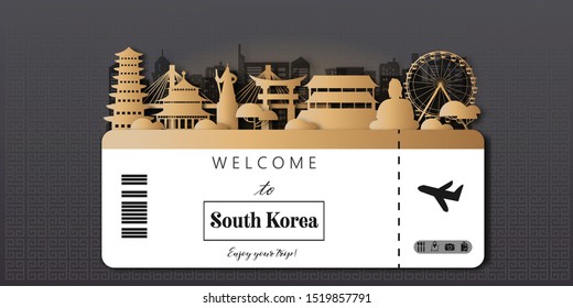 South Korea Travel Ticket Postcard, poster, tour advertising of world famous landmarks of South Korea in paper cut style. Vector illustration.