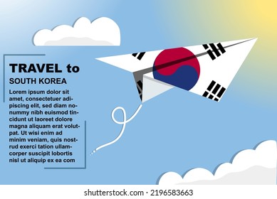 Banner de vector de viajes de Corea del Sur con bandera de papel y espacio de texto, bandera de Corea del Sur en avión de papel, concepto de vacaciones y vacaciones, plantilla y patrón de viajes de verano, idea de boleto de vuelo