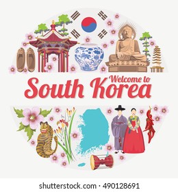 Coréia do Sul cartaz vetorial de viagem com objetos tradicionais coreanos. Cartão Korea Journey em estilo vintage. Modelo de design vetorial República da Coreia.