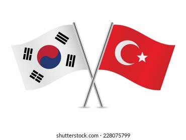 South Korea and Turkey crossed flags. South Korean and Turkish flags on a white background. Vector icon set. Vector illustration.