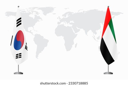 Banderas de Corea del Sur y los Emiratos Árabes Unidos para una reunión oficial en el fondo del mapa mundial.