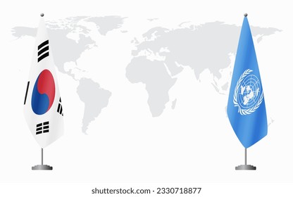 South Korea and United Nations flags for official meeting against background of world map.