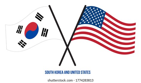 South Korea and United States Flags Crossed And Waving Flat Style. Official Proportion. Correct Colors.