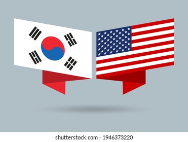 Banderas de Corea del Sur y Estados Unidos. Símbolos estadounidenses y coreanos. Ilustración vectorial.