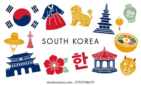 South Korea vector icon set featuring Korean flag, hanbok, palace, pagoda, lion statue, bibimbap, mask, lantern, vase, hibiscus flower, and Hangul, ideal for travel, culture, and heritage designs.