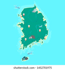 South Korea vector map with the designation of the largest mountains, islands, volcano, beaches and rivers.