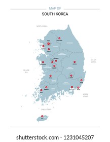 South Korea vector map. Editable template with regions, cities, red pins and blue surface on white background. 