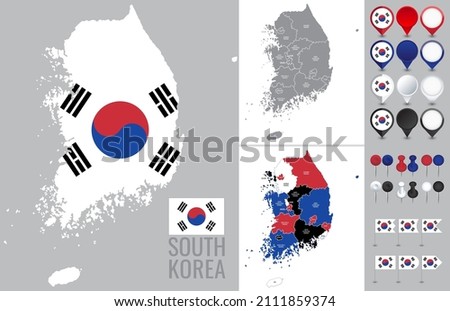 South Korea vector map with flag, globe and icons on white background