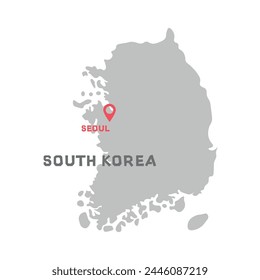 South Korea vector map illustration, country map silhouette with mark the capital city of South Korea inside.  Filled version illustration isolated on white background.