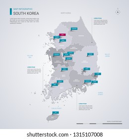 South Korea vector map with infographic elements, pointer marks. Editable template with regions, cities and capital Seoul. 