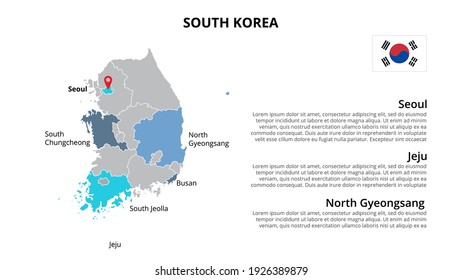 South Korea vector map infographic template divided by states, regions or provinces. Slide presentation.