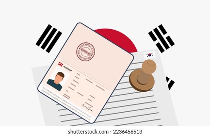 South Korea visa, open stamped passport with visa approved document for border crossing. Immigration visa concept. Background with South Korea flag. vector illustration