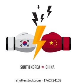 South Korea vs China. Concept of sports match, trade war, fight or war on border between south korea and china. Vector illustration.