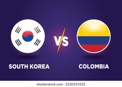 Corea del Sur vs Colombia. Concepto de Copa de Fútbol. Plantilla gráfica de fútbol. Banderas rivales de ambos Equipos con forma futbolística. Partido de fútbol KOR VS COL.