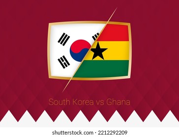 South Korea vs Ghana, group stage icon of football competition on burgundy background. Vector icon.