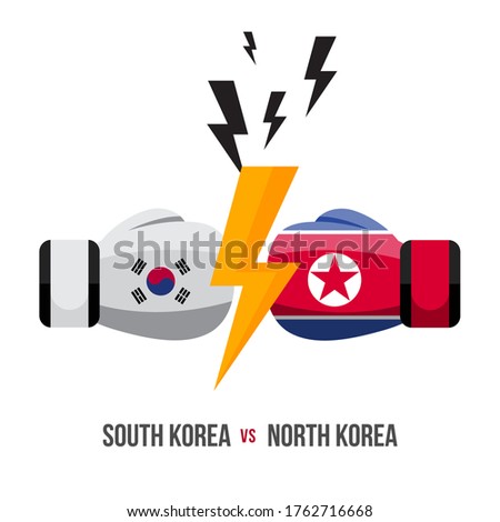 South Korea vs North Korea. Concept of sports match, trade war, fight or war on border between south korea and north korea. Vector illustration.