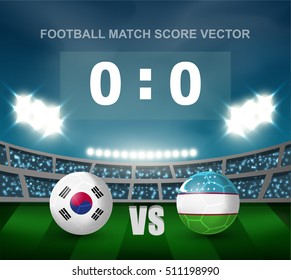 South Korea vs Uzbekistan soccer ball in flag design on stadium background with scoreboard for Asia football qualify , this image for match template or banner in vector illustration