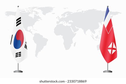 South Korea and Wallis and Futuna flags for official meeting against background of world map.