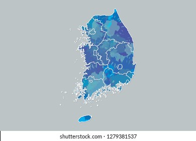 South Korea watercolor map vector illustration of blue color with border lines of different provinces on dark background using paint brush in page