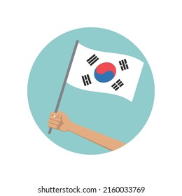 South Korea Waving Flag Circle Icon. Hand Holding Korean Flag. National Symbol. Vector Illustration. 