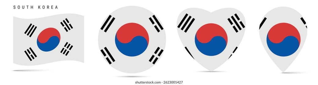 Bandeira de ondulação da Coreia do Sul, distintivo de adesivo círculo redondo, ícone em forma de coração, pino do mapa. Botões da bandeira sul-coreana de diferentes formas. Ilustração vetorial isolada em branco.