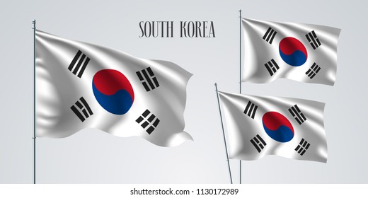 South Korea waving flag set of vector illustration. Blue white colors of South Korea wavy realistic flag as a patriotic symbol 