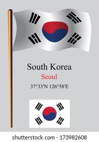 south korea wavy flag and coordinates against gray background, vector art illustration, image contains transparency