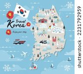 South Korea winter travel map vector illustration. Festival and Attractions in winter. 