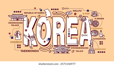 South Korea . Word and outline icon on solid color background . Vector . Editable stroke .