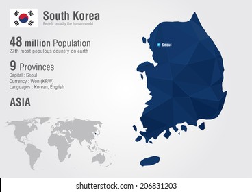 South Korea world map with a pixel diamond texture. World Geography.