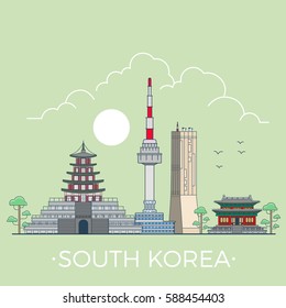 South Koreacountry design template. Linear Flat famous historic sight; cartoon style web site vector illustration. World travel and showplace in Asia, Asian vacation collection