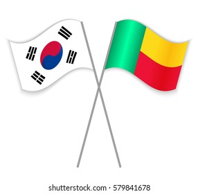 South Korean and Beninese crossed flags. South Korea combined with Benin isolated on white. Language learning, international business or travel concept.