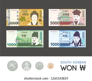 South Korean bills (KRW) "Fifty thousand won, Ten thousand, Five thousand, One thousand, Five hundred, One hundred, Fifty, Ten won." Vector graphic illustration EPS10