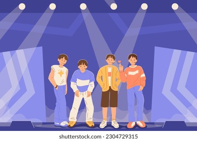 South Korean boy band on the stage poses variously.