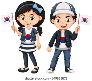 South Korean boy and girl with flags illustration