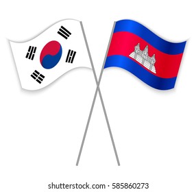 South Korean and Cambodian crossed flags. South Korea combined with Cambodia isolated on white. Language learning, international business or travel concept.