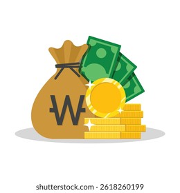 South Korean currency bag with Won symbol, coins, and cash financial wealth and savings concept vector illustration. Won money vector.