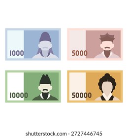 South Korean Currency Banknotes Vector Illustration Set (1000, 5000, 10000, 50000 Won)