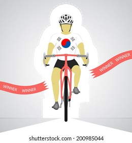 South Korean cyclist in front view crossing red finish line vector isolated illustration