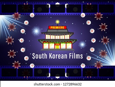South Korean Films Online Cinema  Banner for web purple background design. Movie screen, poster with beautiful flower patterns garland in a circle. The building of the entertainment center facade.