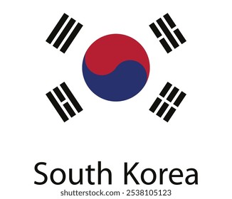 La bandera de Corea del Sur, con un símbolo yin-yang rojo y azul en un círculo blanco rodeado de cuatro trigramas negros.