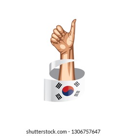 South Korean flag and hand on white background. Vector illustration