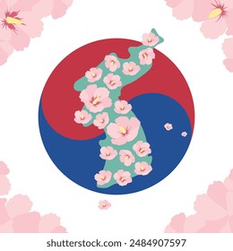 South Korean flag. Korea map and Rose of Sharon