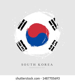 South Korean Flag In The Shape Of A Large Circle. Vector Illustration On A Gray Background. Brush Strokes Are Drawn By Hand. Independence Day.