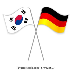 South Korean and German crossed flags. South Korea combined with Germany isolated on white. Language learning, international business or travel concept.
