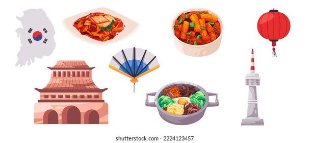 South korean icon set collection of cultural object from food gate palace flag 