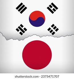 South Korean and Japanese flags depicted with a price line chart. Fluctuation graph with a sideways trend. Burlap textured. Banking and trade relations concept.