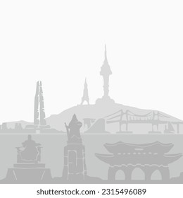 South korean landmarks grey shadow freehand drawing vector