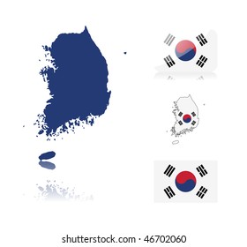 South Korean map including: map with reflection, map in flag colors, glossy and normal flag of South Korea.